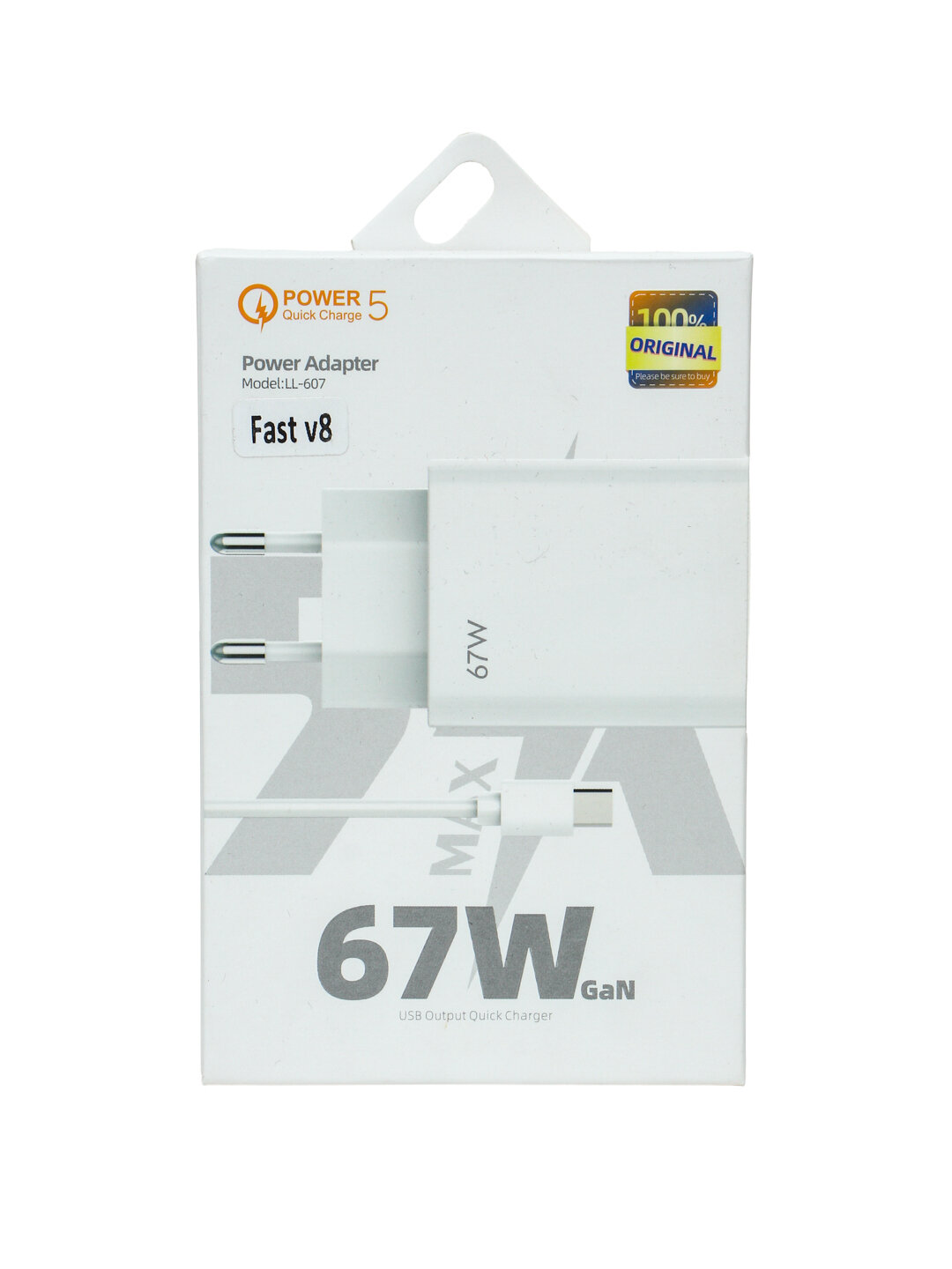 Зарядное устройство GaN Power MI, для iPhone и Android, мощность 67Вт, кабель Type-C, белое Fast V8 — фото 1