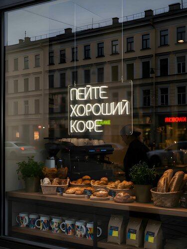 Изображение товара Неоновая вывеска "Пейте хороший кофе" 60 х 45 см, неоновая надпись, LED светильник для кофейни и кафе