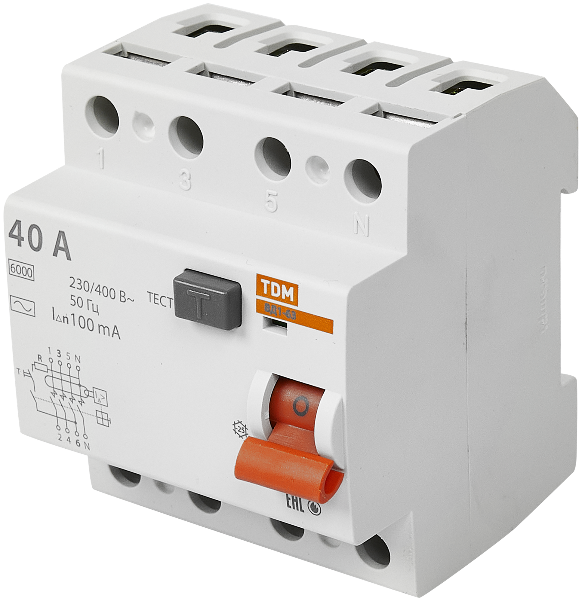 Устройство защитного отключения УЗО ВД1-63 4Р 40А 100мА TDM SQ0203-0036 - фотография № 1