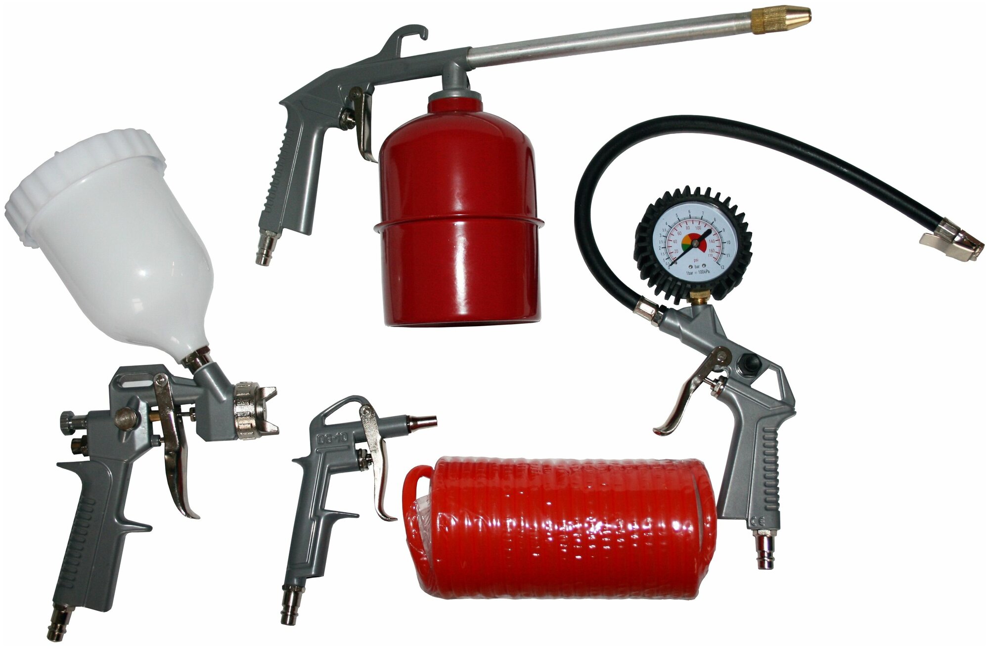 Набор пневмоинструментов QUATTRO ELEMENTI (5шт, краскопульт, шланг 5м, пистолеты для мовиля/накачки, обдувочный)
