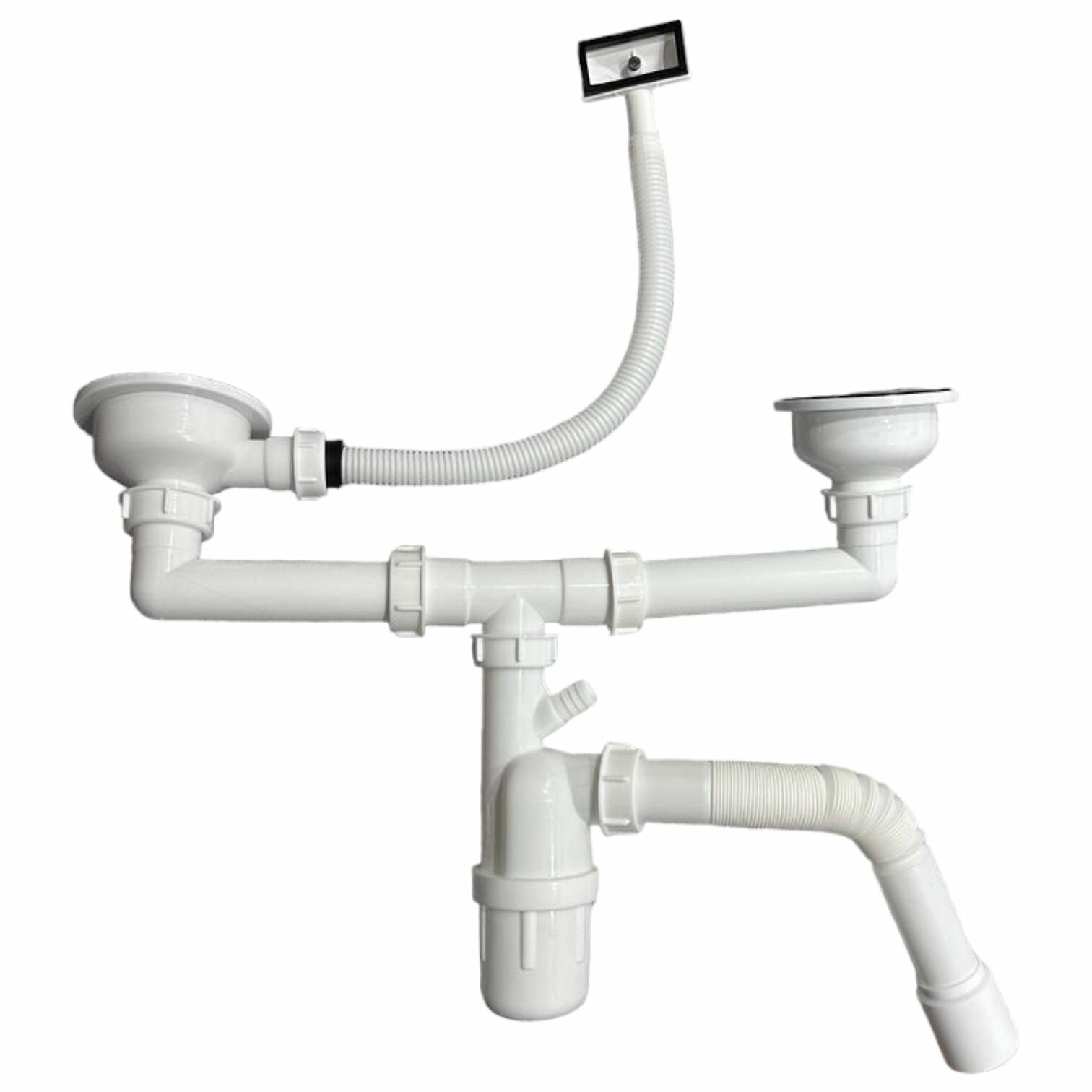 фото Сифон для двух моек, бутылочный, 1 1/2", пластик, с прямоугольным переливом