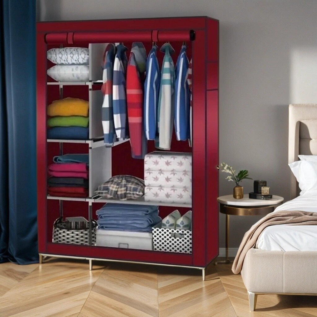 Складной Шкаф, тканевый шкаф, разборный шкаф, мягкий шкаф, сборный шкаф, шкаф из ткани, шкаф чехол, бордовый, 165х105х45 см
