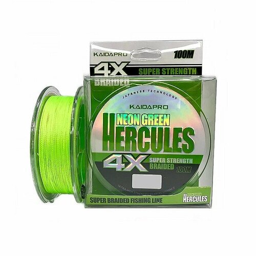 Плетеный шнур Kaida Pro HERCULES NEON GREEN 4X 100 м. 0.35 мм.