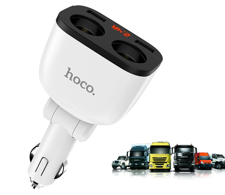 Зарядное устройство автомобильное Hoco 6957531091967 2*прикуриватель, LED-дисплей, 2xUSB, белый - фото №12