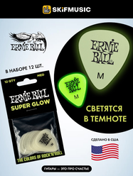 Медиаторы для гитары Ernie Ball 9225 Super Glow, 0.72 мм, набор медиаторов из 12 штук, светятся в темноте