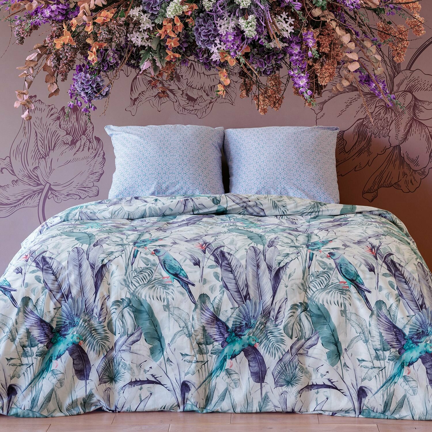 фото Комплект постельного белья Mia Cara Евро, Перкаль, Хлопок, наволочки 70х70 / Постельное белье евро Озорные попугаи 37067-1/37071-1