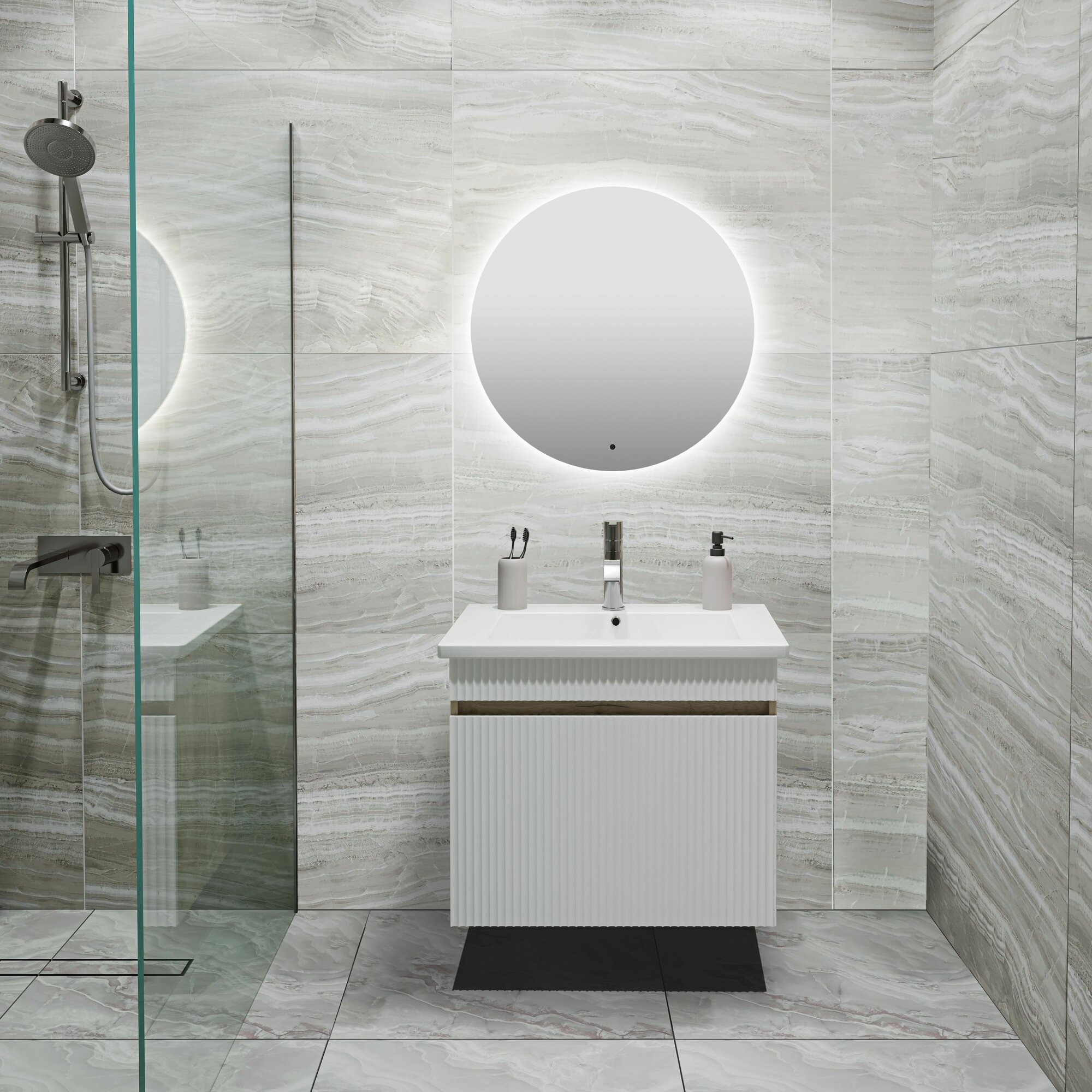 Мебель для ванной Модена 65, крафтовый дуб (тумба с раковиной, зеркало Руан D 65)