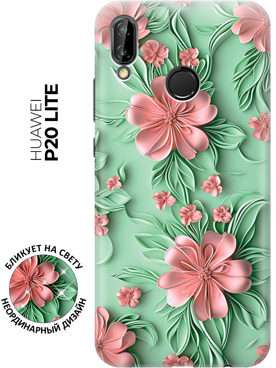 Силиконовый чехол на Huawei P20 Lite / Nova 3e с принтом "Розовые цветы на мятном фоне"