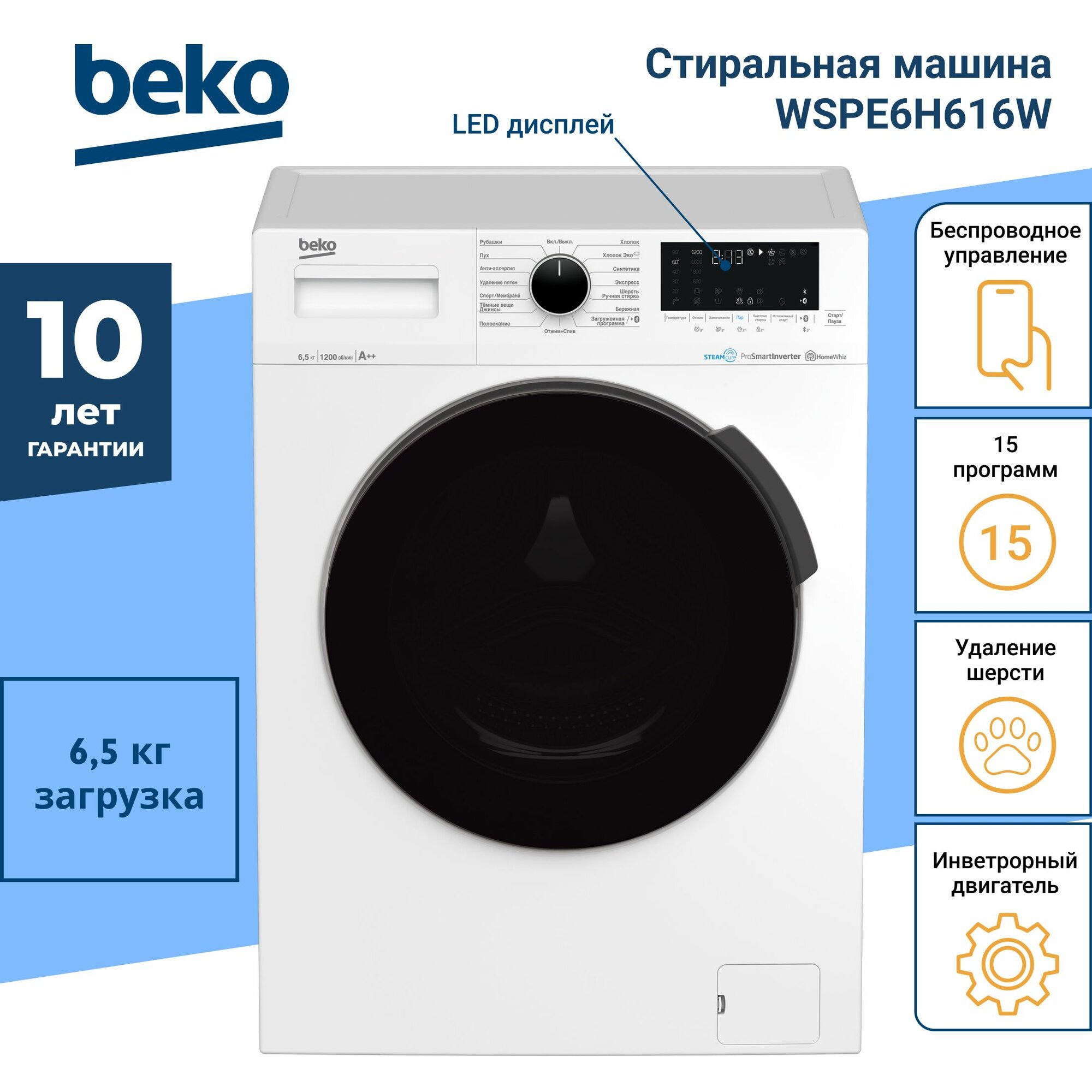 Стиральная машина Beko WSPE6H616W белый/1200 об/мин/6,5 кг/ инверторный двигатель — фото 1