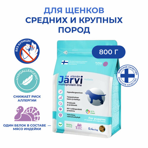 Jarvi сухой монопротеиновый полнорационный корм для щенков средних и крупных пород Индейка, 400 г. упаковка 2 шт