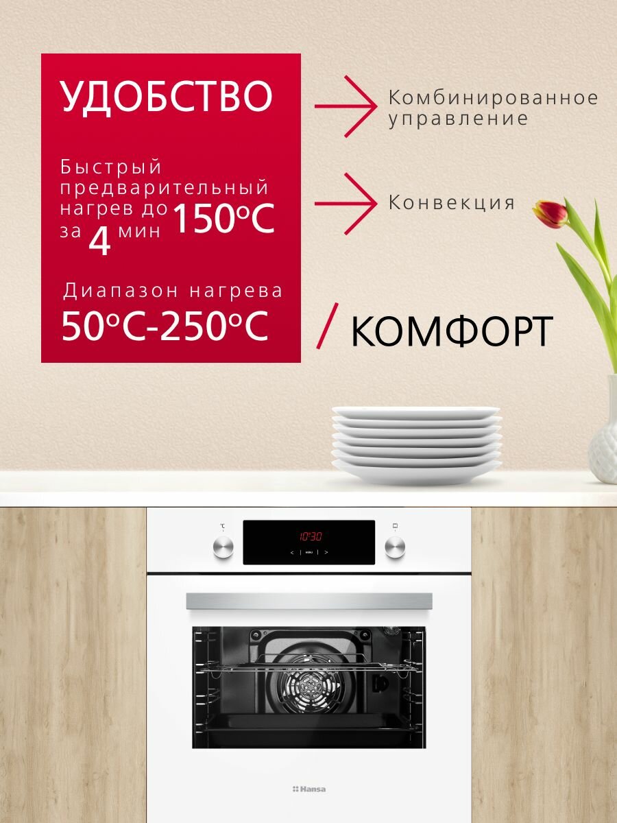 Электрический духовой шкаф Hansa BOEW68411 встраиваемый, 60 см, 65 л, 8 режимов, с дисплеем, таймером, конвекцией, грилем и быстрым нагревом — фото 1