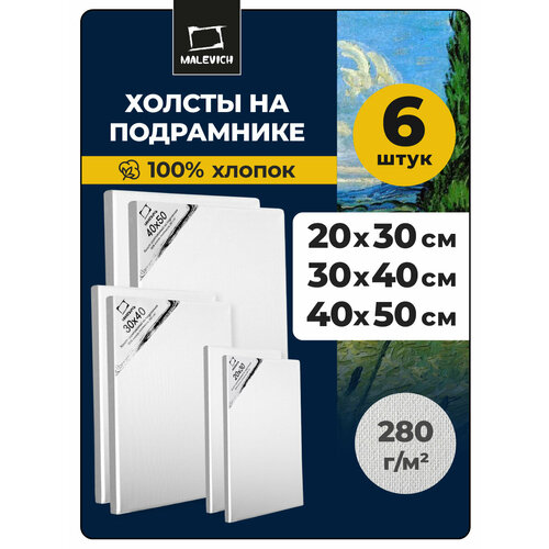 фото Набор холстов на подрамнике малевичъ, хлопок 280 г/м, 20х30, 30х40, 40х50, 6 шт