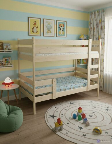 Изображение товара Двухъярусная кровать из натурального дерева 70х150 с бортиком по нижнему ярусу