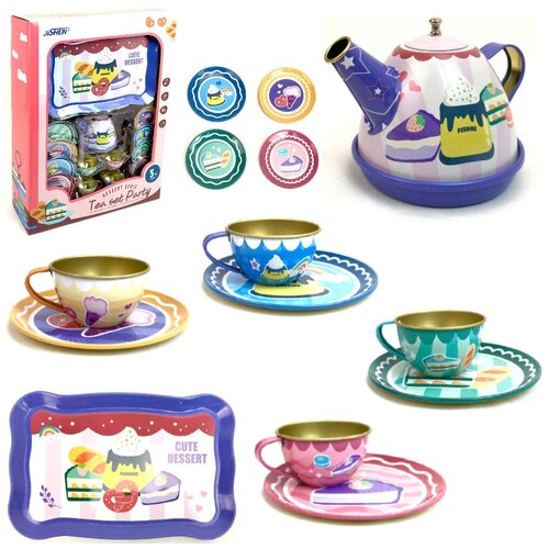 Купить Игрушечный набор металлической посуды для чаепития Tea Set Party, 14 предметов, набор посуды, детская посудка, чайник, поднос, чашки 4 шт., тарелки 4, Play Smart, фиолетовый