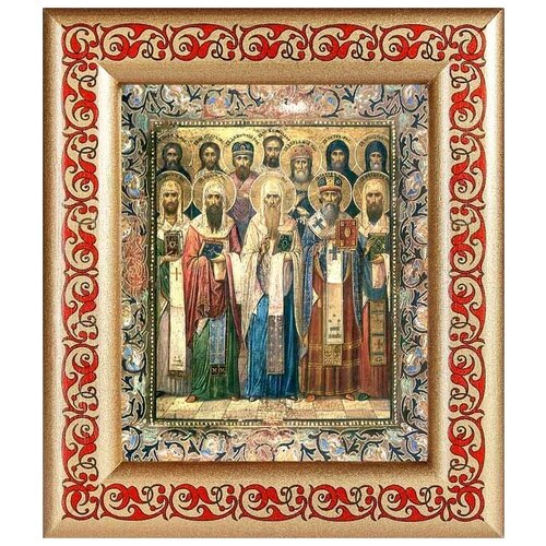 Собор Ростовских святых, икона в рамке с узором 14,5*16,5 см собор ростовских святых икона в широкой рамке 14 5 16 5 см
