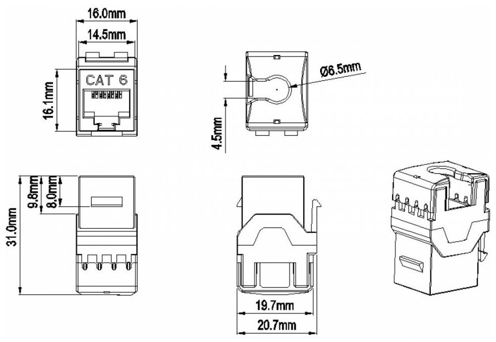 Вставка Keystone Jack RJ-45(8P8C) Hyperline категория 6 тип 180 градусов белая