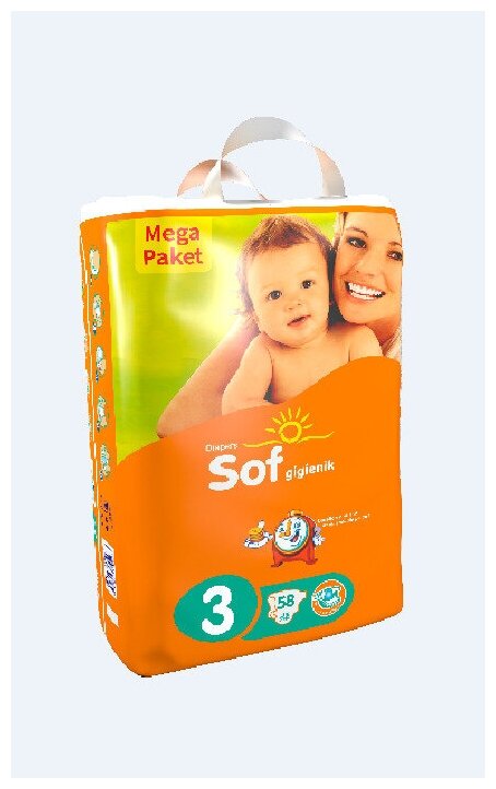 Sof Gigienik Подгузники детские с Aloe-Vera 3 размер (4-9кг) 58шт