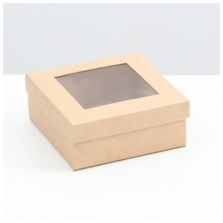 Коробка складная, крышка-дно, с окном, крафтовая, 12 х 12 х 5 см