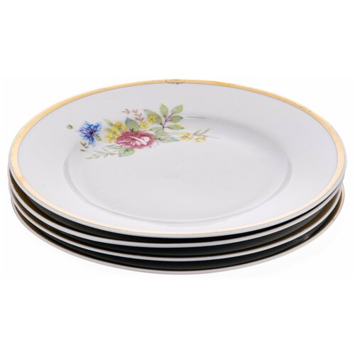Антиквариат: Набор обеденных тарелок с цветочным декором на четыре персоны, фарфор, деколь, золочение, Дулевский фарфоровый завод (