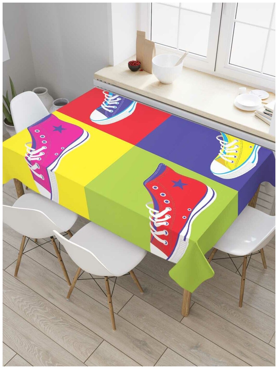 Скатерть прямоугольная JoyArty на кухонный стол "Цветные кеды" из оксфорда, 180x145 см