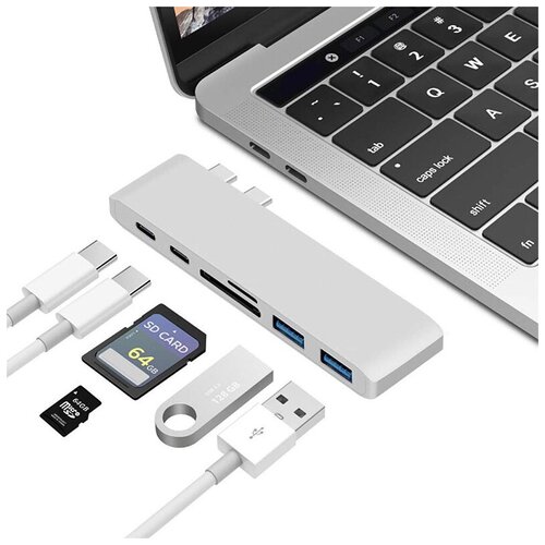 USB-концентратор (адаптер, переходник) Aluminum Type-C 6 в 1 (Silver) для MacBook 13