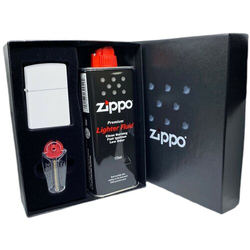 Подарочный набор ZIPPO ( Зажигалка ZIPPO 214 Classic, белая, с покрытием White Matte + кремни + топливо, 125 мл )