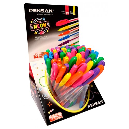 Ручка гелевая Pensan Neon Gel, узел 10 мм, резиновый грип, 6 неоновых цветов, микс + дисплей 60 шт