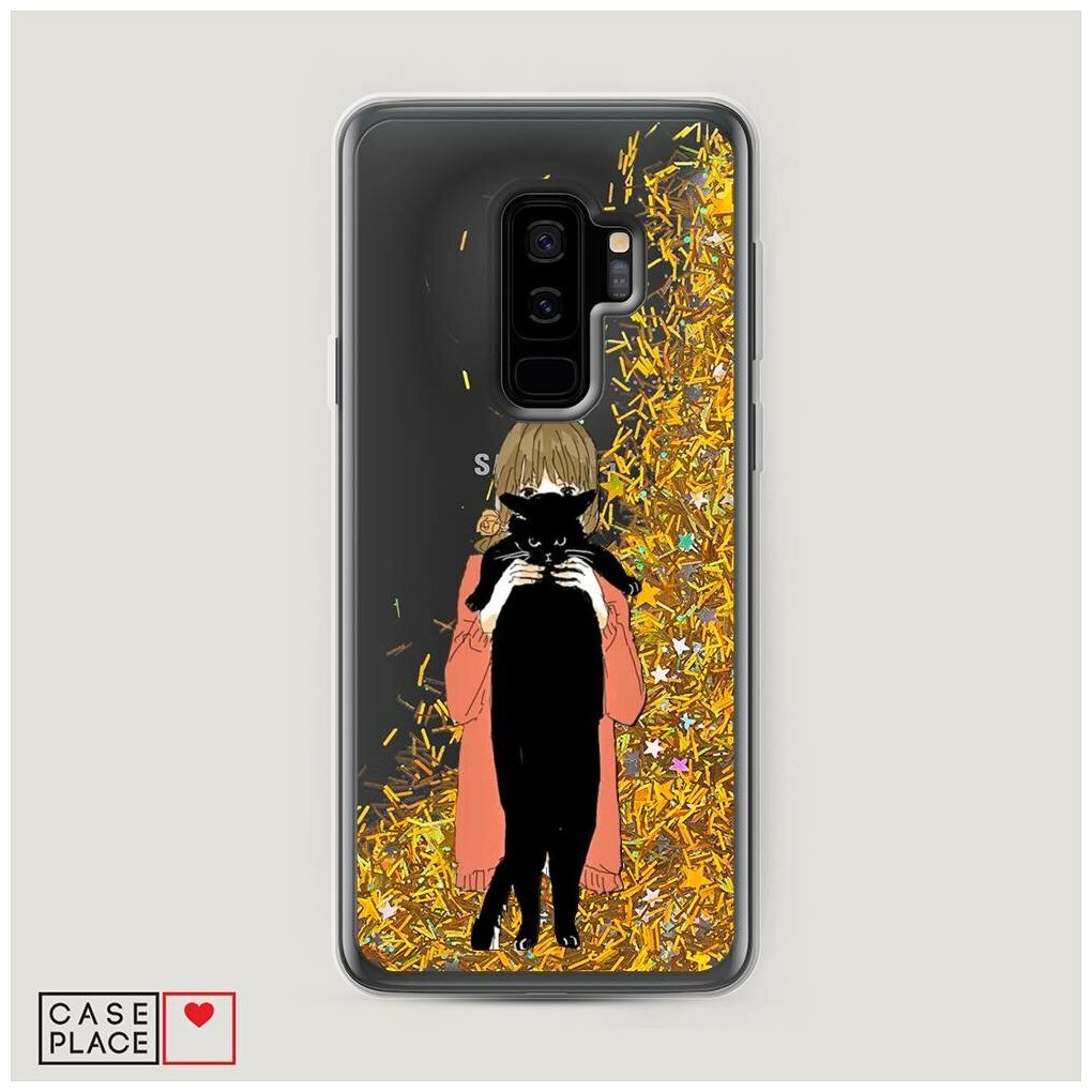 Жидкий чехол с блестками "Большой черный кот" на Samsung Galaxy S9 + / Самсунг Галакси С9 Плюс