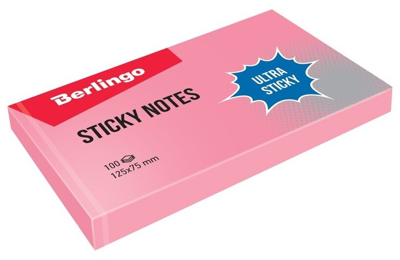 Самоклеящийся блок Berlingo "Ultra Sticky", 125х75 мм, 100 листов, пастель, розовый (LSn_39303)