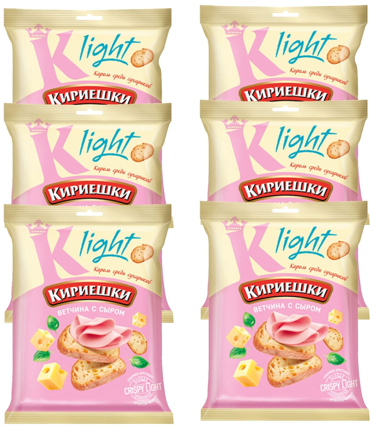 «Кириешки Light», сухарики со вкусом ветчины с сыром, 6 пачек по 80 г