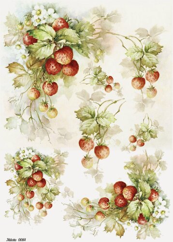 Изображение товара Рисовая бумага для декупажа А4 ультратонкая салфетка 0084 земляника клубника ягоды винтаж крафт Milotto