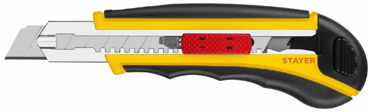 Нож с автозаменой и автостопом с доп. фиксатором HERCULES-18, 3 сегмент. лезвия 18 мм, STAYER (09165_z01)