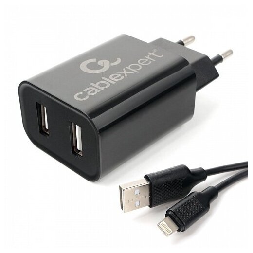 Адаптер питания Cablexpert MP3A-PC-36 USB 2 порта, 2.4A, черный + кабель 1м lightning Cablexpert MP3