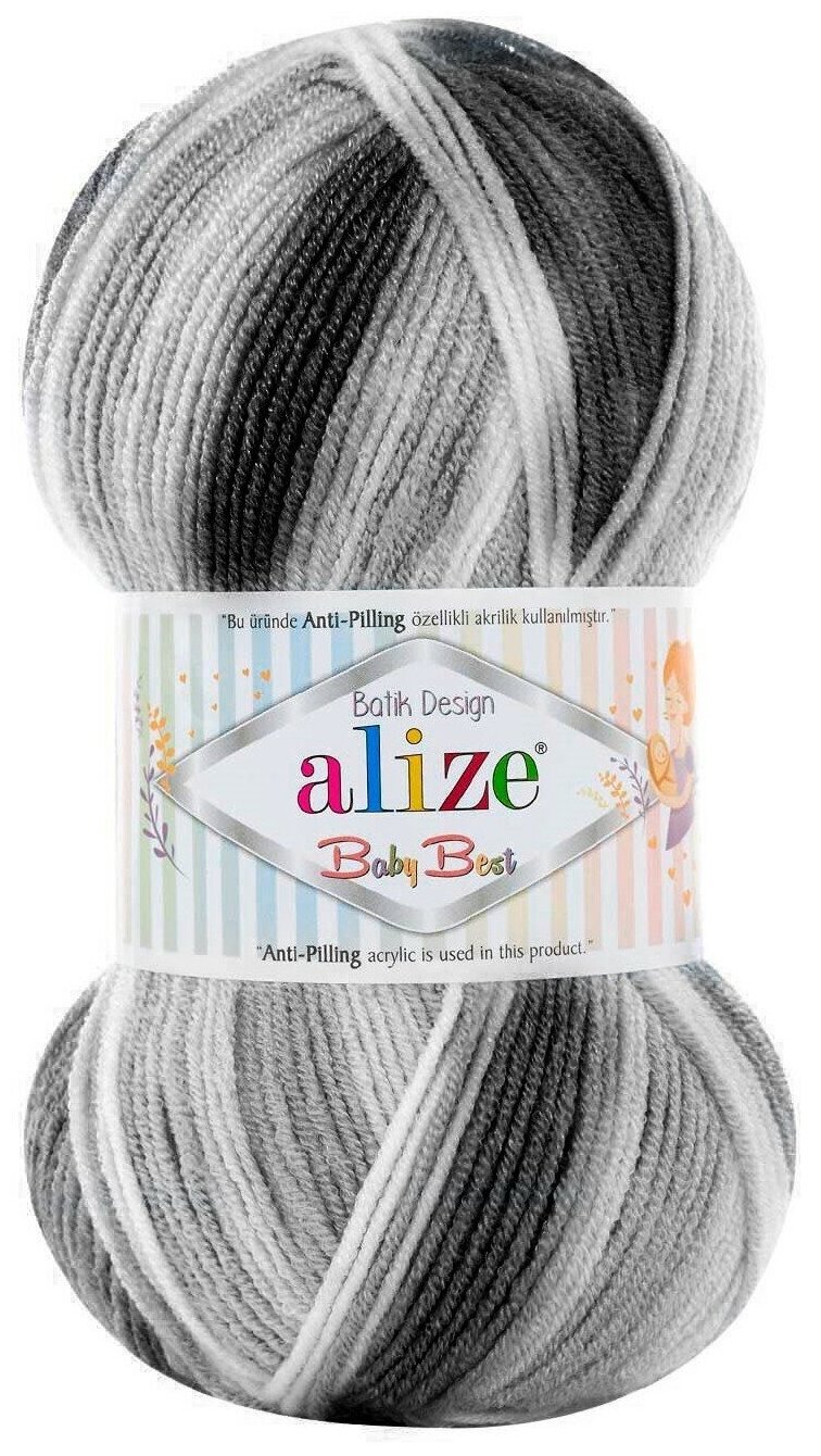 Пряжа Alize Baby best batik (Беби бест батик) 7542 белый-серый-черный 10% бамбук, 90% акрил 100г 240 м 1шт