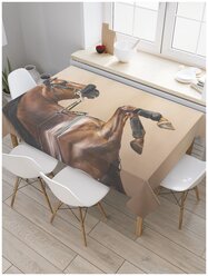 Прямоугольная водоотталкивающая тканевая скатерть на стол JoyArty с рисунком "Смелая лошадь" 145 на 180 смкоричневый, черный, бежевый