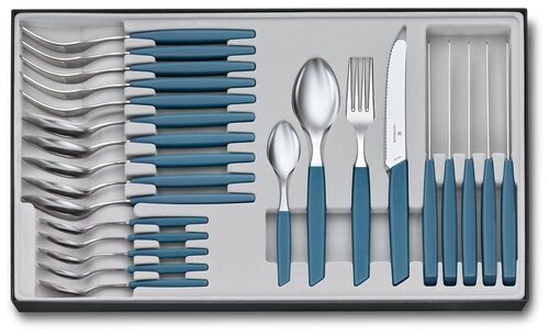 Набор из 24 столовых принадлежностей VICTORINOX Swiss Modern: 6 ножей с волнистым лезвием 11 см, 6 вилок, 12 ложек, васильково-синий 6.9096.11W2.24
