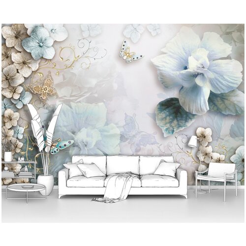 Фотообои на стену первое ателье Цветы и бабочки в бежевых и голубых тонах 200х145 см ШхВ флизелиновые Premium 2304₽