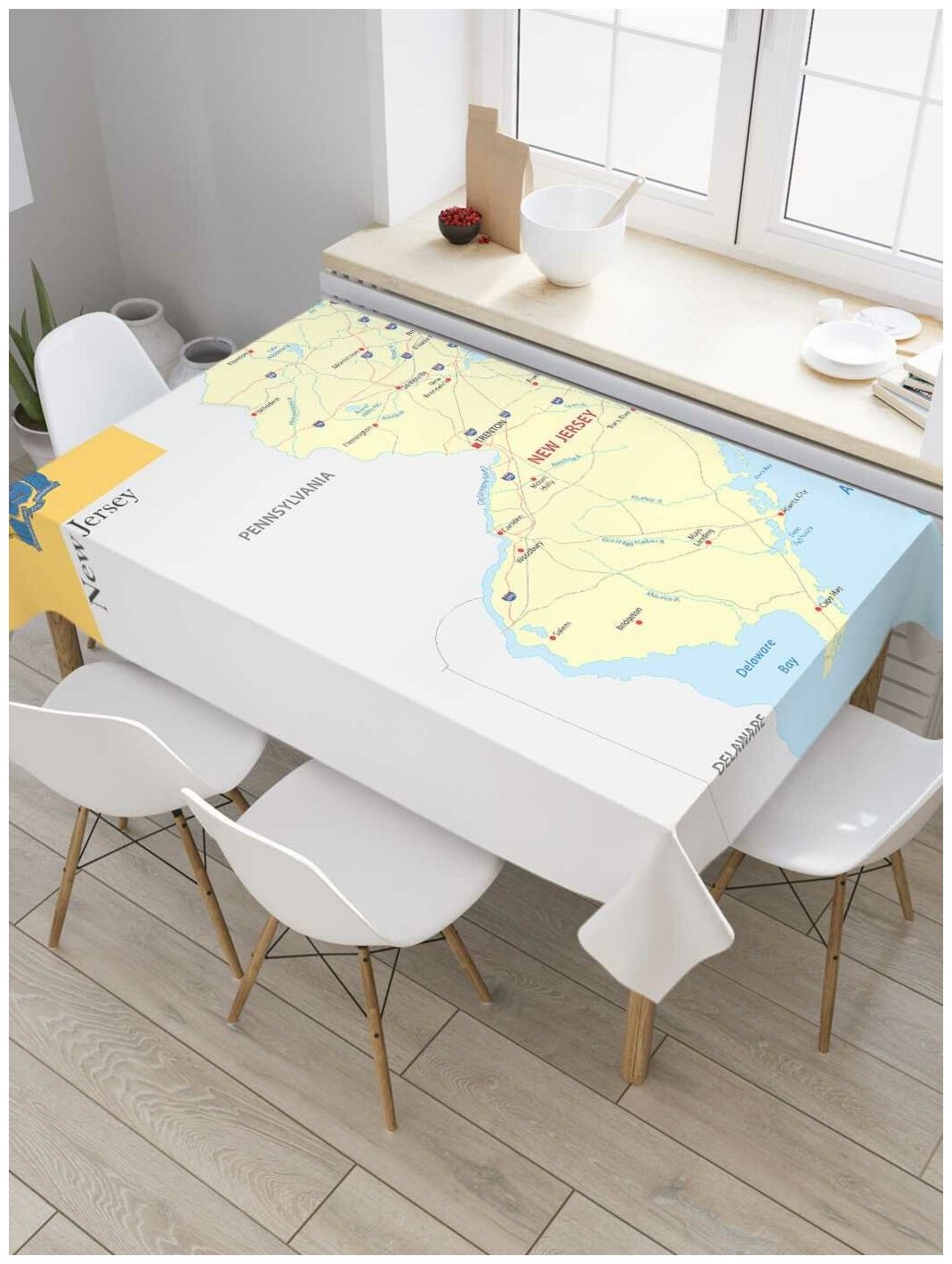 Скатерть прямоугольная JoyArty на кухонный стол "Карта Штат Нью-Джерси" из оксфорда, 180x145 см