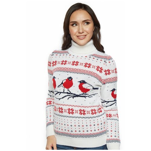 Шерстяной свитер, классический скандинавский орнамент со Снегирями и снежинками, натуральная шерсть, белый цвет, размер L