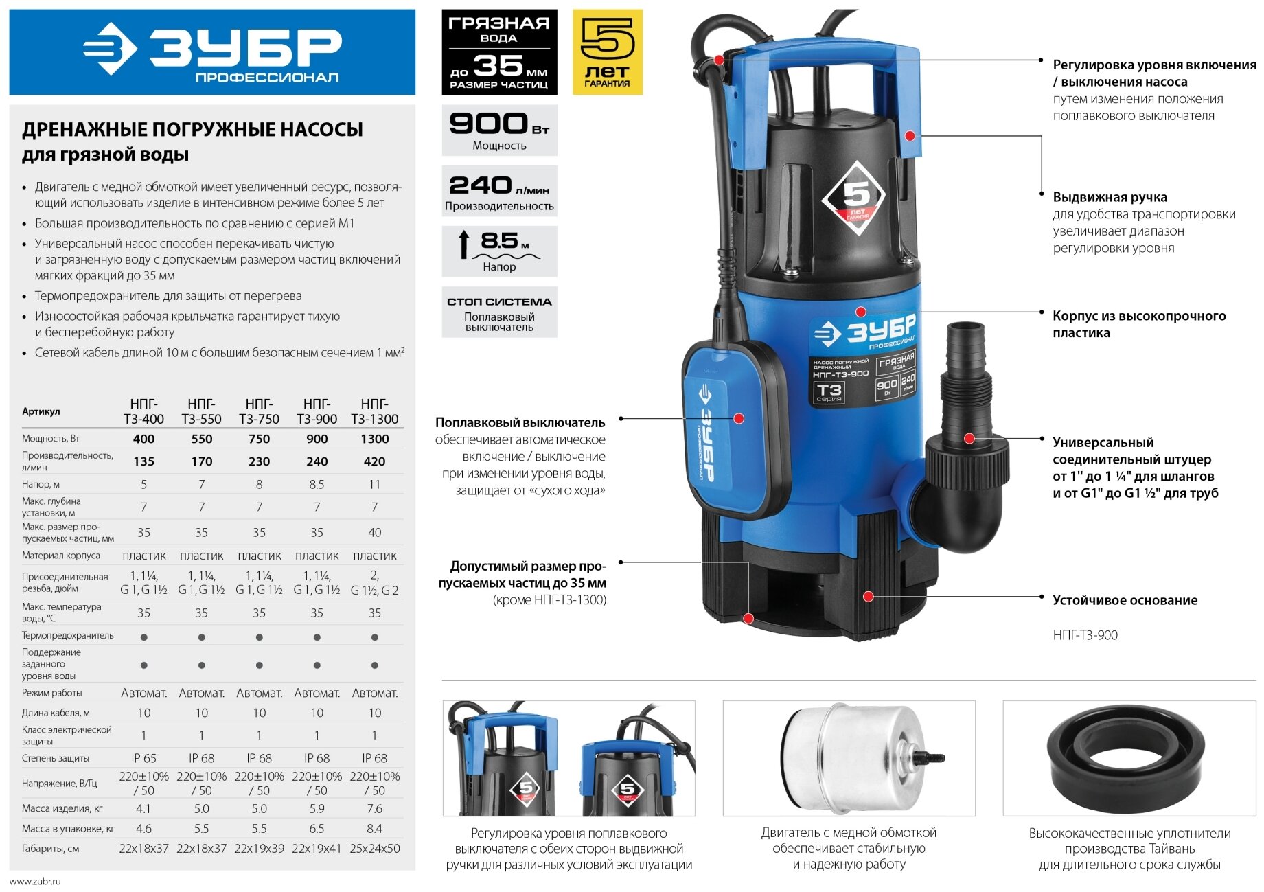 Дренажный насос 900 Вт для грязной воды ЗУБР Профессионал НПГ-Т3-900 - фотография № 10