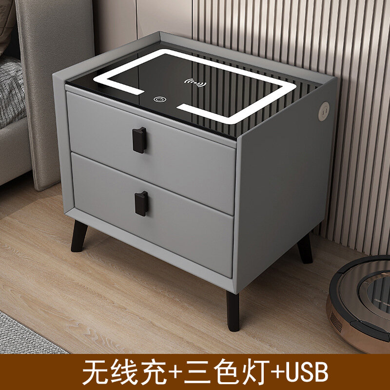фото Прикроватная тумбочка, массив дерева, темно-серая, с LED-подсветкой, беспроводной зарядкой и USB-портом