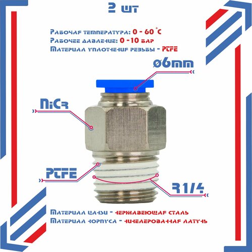 Фитинг прямой, наружная резьба 1/4", 6мм, 2шт. Штуцер быстросъемный, пневматический, цанговый.