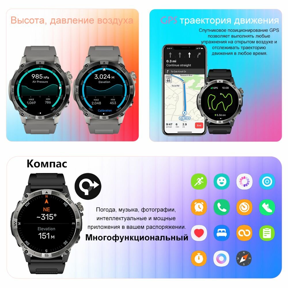 Cмарт часы мужские с GPS-трекером, мониторингом сердечного ритма и кислорода в крови, фитнес трекером и 1,43-дюймовым AMOLED-экраном,530mAh — фото 1