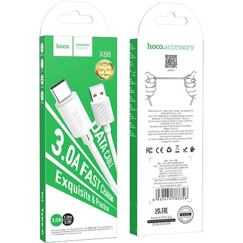 Кабель USB HOCO X88 Gratified, USB - Type-C, 3A, 1 м кабель usb hoco x88 gratified usb type c 3a 1 м