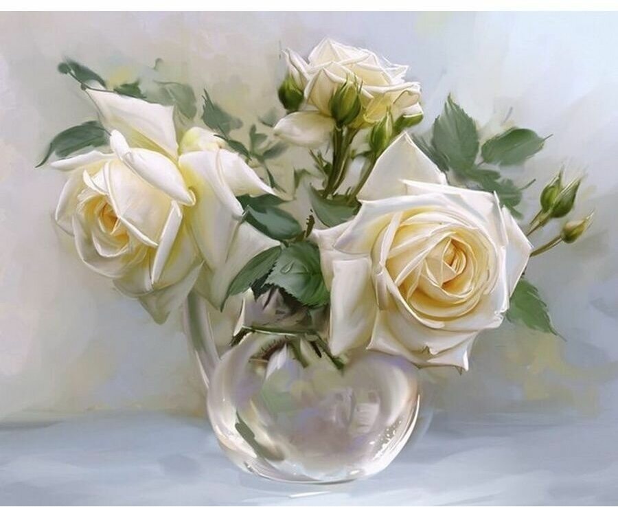 Алмазная мозаика на подрамнике 40x50 Белые розы в вазе