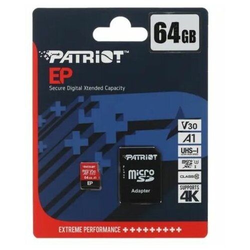 Карта памяти Patriot EP microSDXC 64 ГБ (PEF64GEP31MCX) - A1, UHS Class 3, Video Class 30, запись - 80 Мбайт/сек, чтение - 90 Мбайт/сек