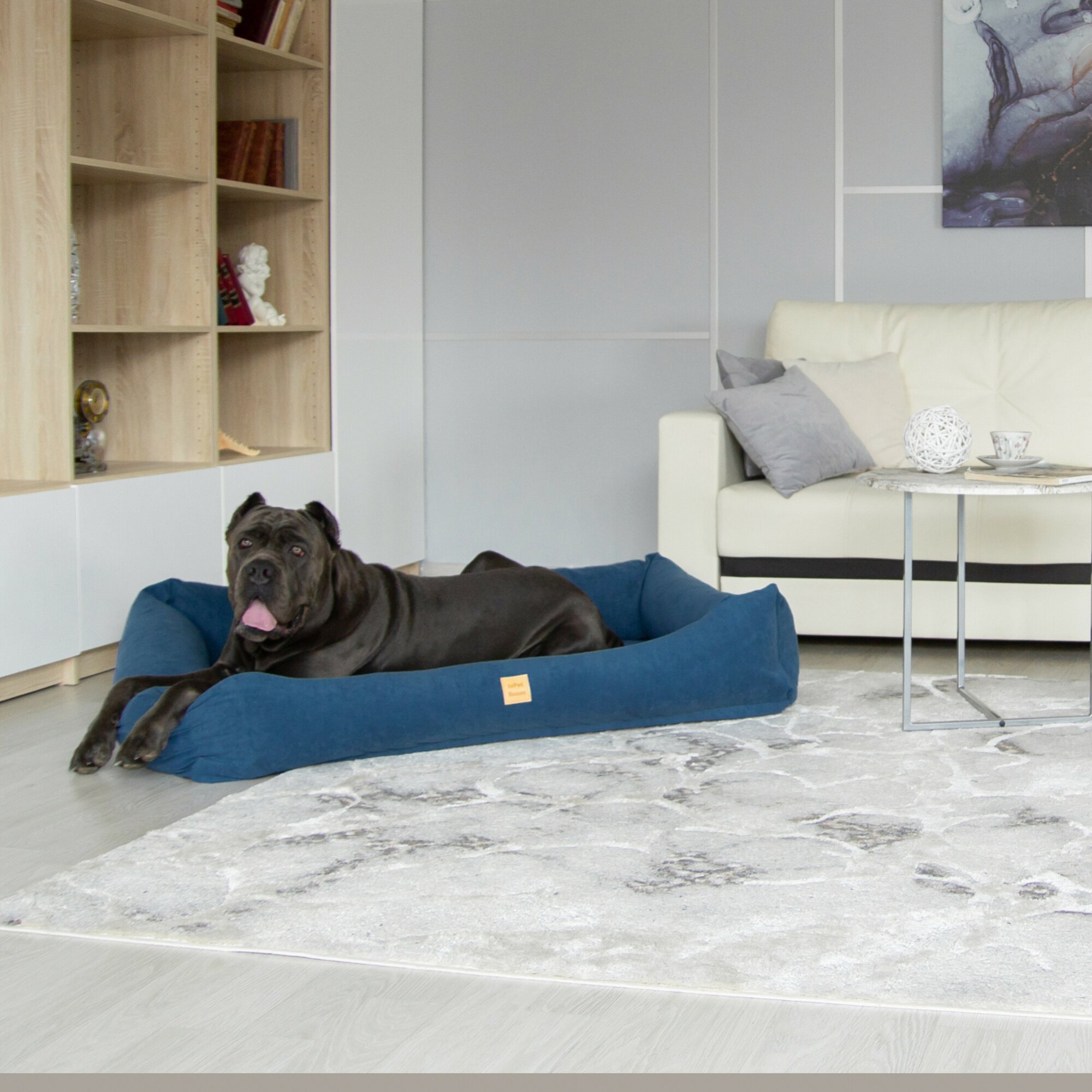Лежанка для собак со съемным чехлом IvPetRoom Comfort XL 120x90 микровелюр синий - фотография № 6