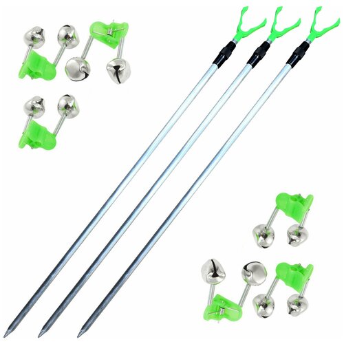 фото Подставка для рыбалки алюминиевая телескопическая 150 см 3 шт + 6 сигнализаторов поклевки jin tai