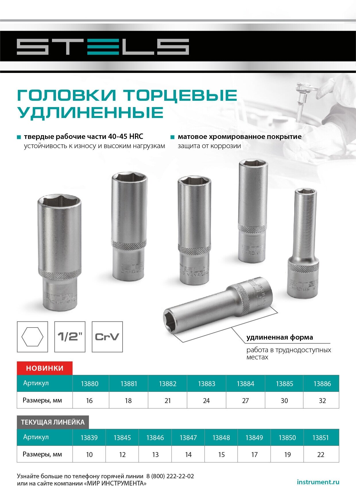 Головка торцевая удлиненная Stels 24 мм, шестигранная, CrV, под квадрат 1/2 13883