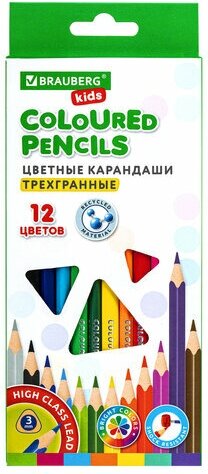 Карандаши цветные BRAUBERG KIDS, 12 цветов, трехгранный корпус, грифель мягкий 3 мм, 181943